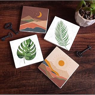 Pinecone Bohem, Yaprak Taş Bardak Altlığı Seti - 4 Parça - Dekoratif, Rustik Mutfak Aksesuarı, 10x10 cm, Kaydırmaz Tabanlı, Şık ve Dayanıklı SC343