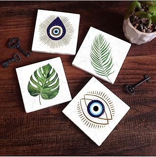 Pinecone Nazar, Yaprak Taş Bardak Altlığı Seti - 4 Parça - Dekoratif, Rustik Mutfak Aksesuarı, 10x10 cm, Kaydırmaz Tabanlı, Şık ve Dayanıklı SC353