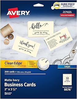 Avery Basılabilir kartvizitler, mürekkep püskürtmeli yazıcı, 200 kart, 2 x 3,5, temiz kenar, ağır, fildişi rengi (8876)