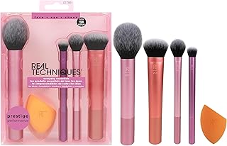 REAL TECHNIQUES Everyday Essentials makyaj fırçası, yüz için komple set (yüz süngeri, yüz, ruj, ayarlama ve delüks göz farı fırçası)