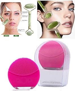 Mobee Şarj Edilebilir Fuşya Yüz Temizleme Cihazı + Jade Roller 2'li Yeşim Taşı Masaj Aleti